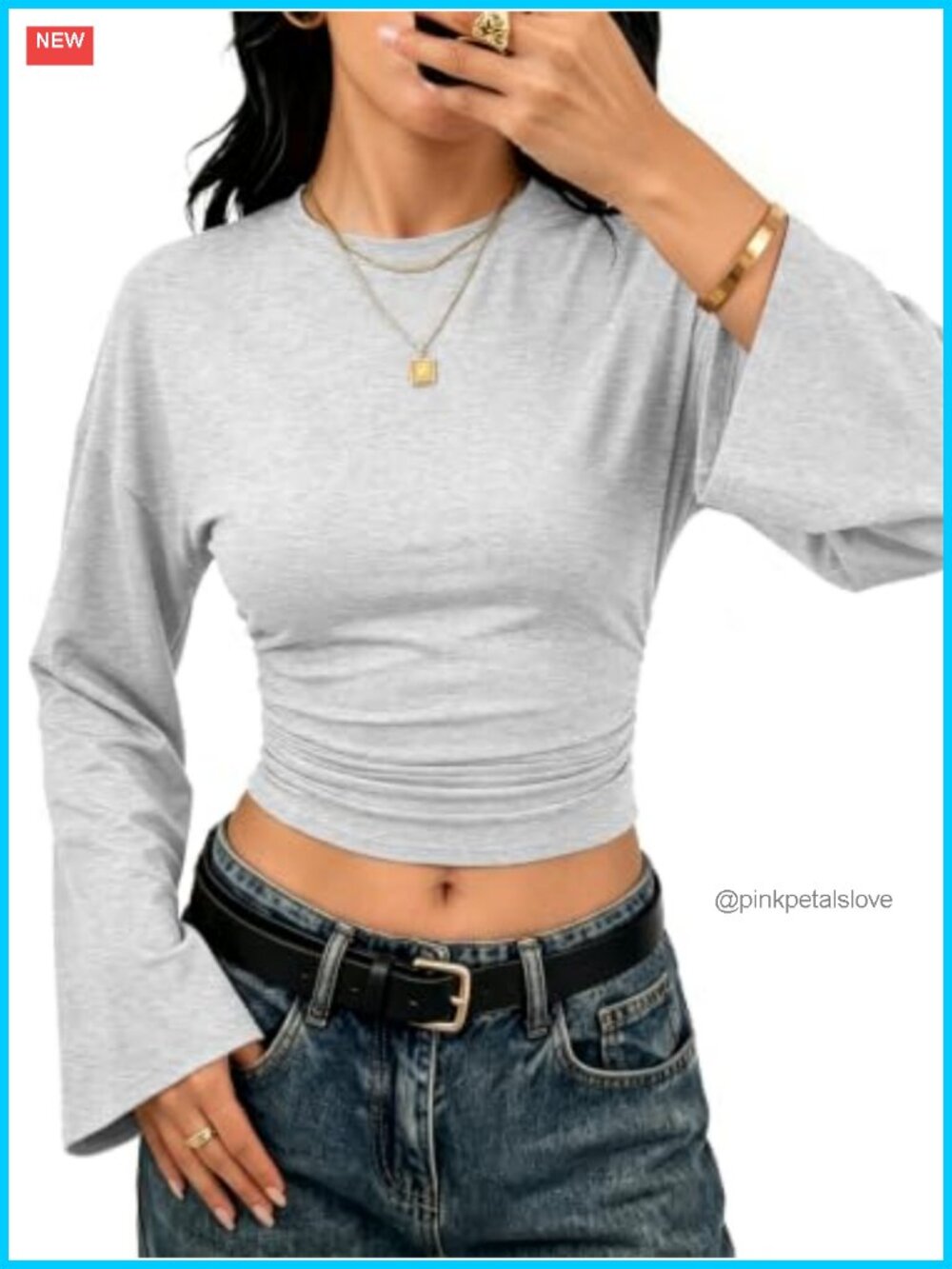 Womens Crop Top Long Sleeve T-Shirt Cotton Spandex Crew Neck